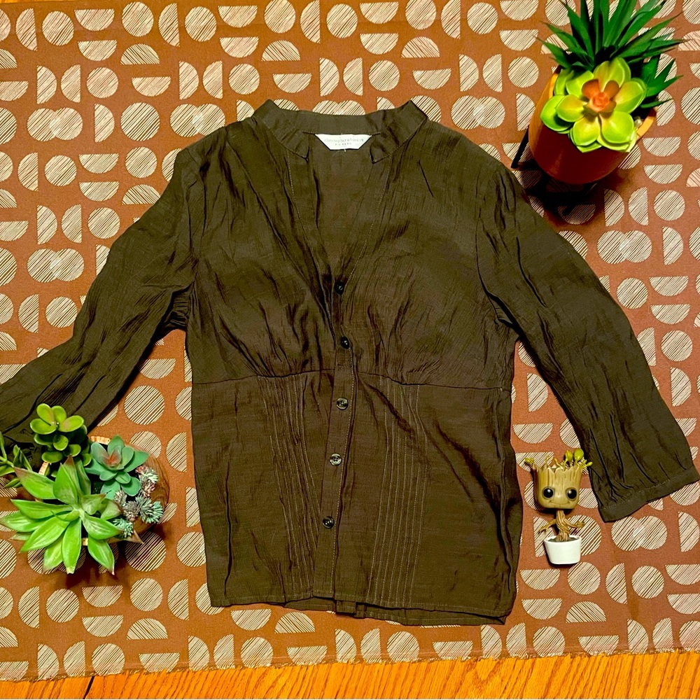 CHRISTOPHER & BANKS Olive Pleated Blouse - Picture 1 of 2